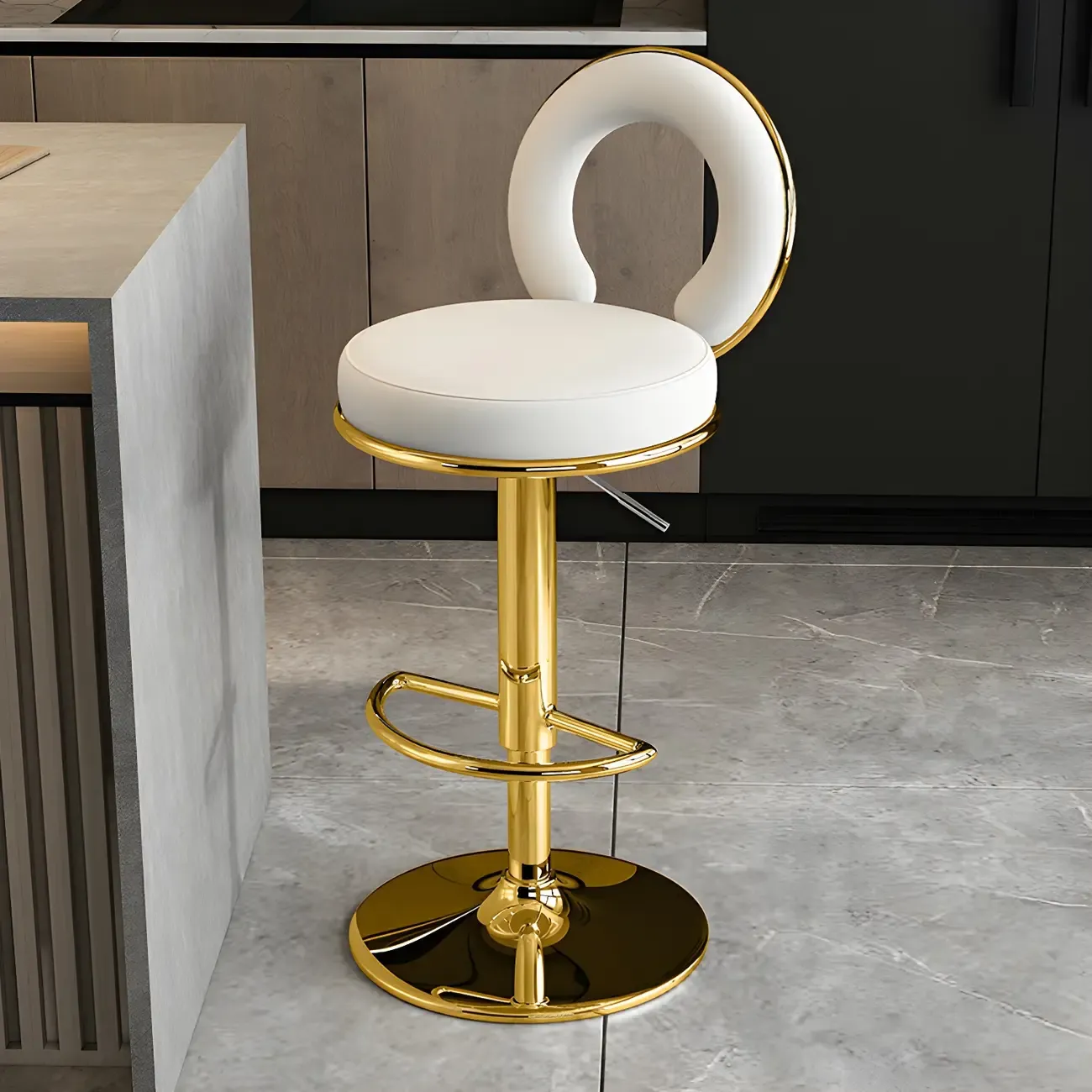 Glam Metal Round Adjustable Bar Stools with Cushions for Kitchen Image - 21