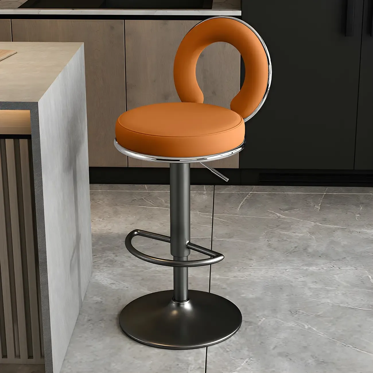 Glam Metal Round Adjustable Bar Stools with Cushions for Kitchen Image - 23