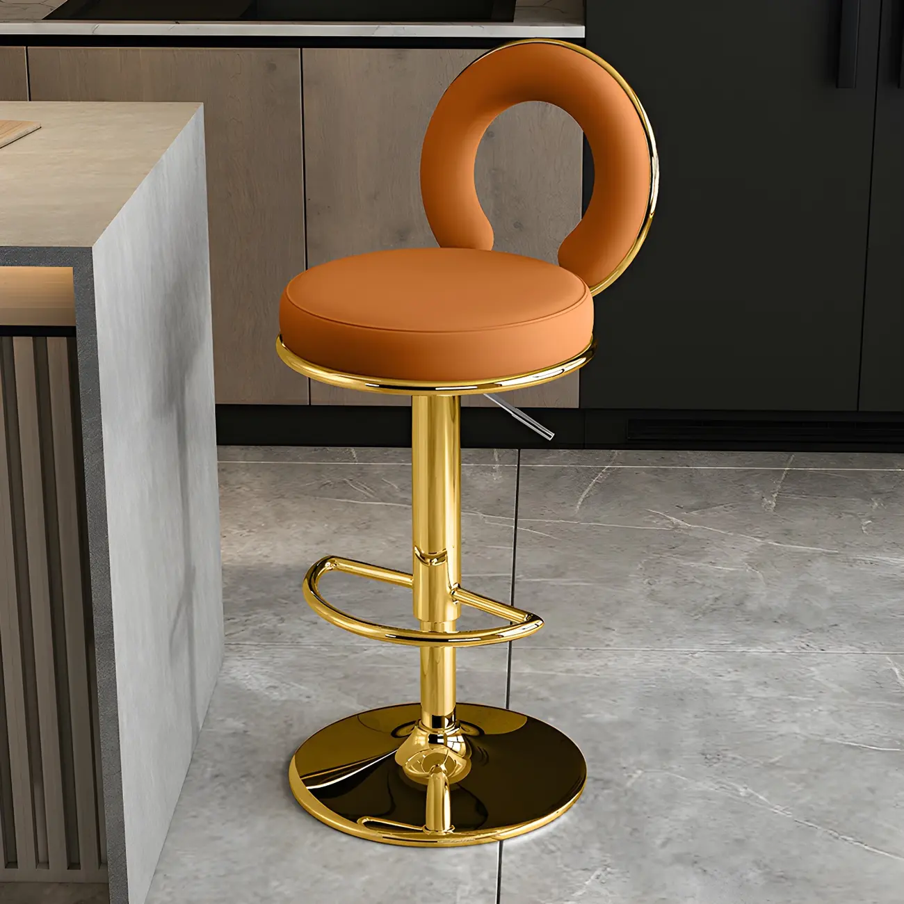 Glam Metal Round Adjustable Bar Stools with Cushions for Kitchen Image - 24 | homeyfad