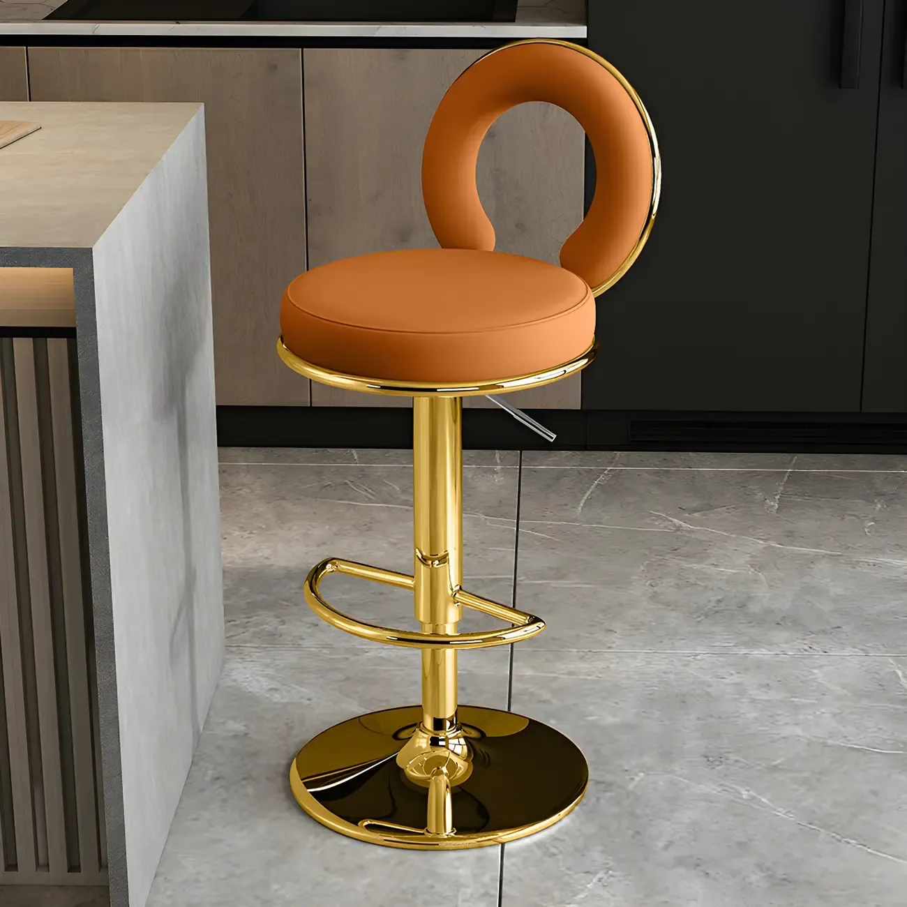 Glam Metal Round Adjustable Bar Stools with Cushions for Kitchen Image - 24