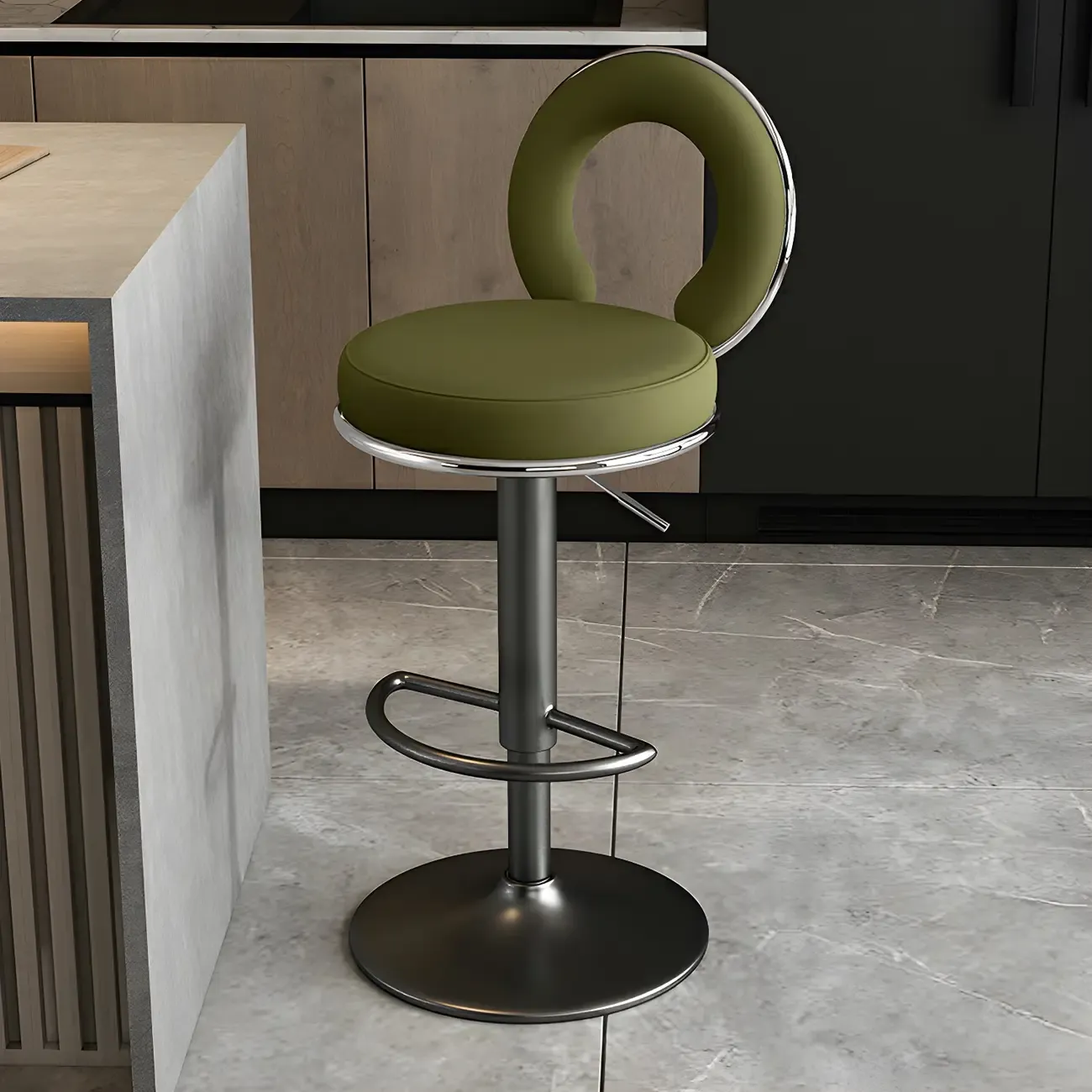 Glam Metal Round Adjustable Bar Stools with Cushions for Kitchen Image - 29