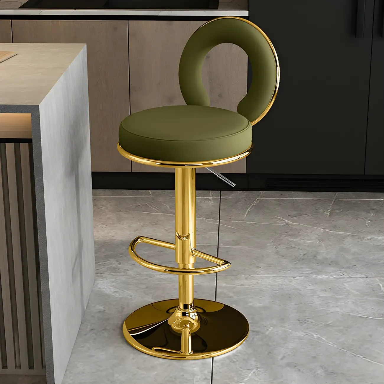 Glam Metal Round Adjustable Bar Stools with Cushions for Kitchen Image - 30