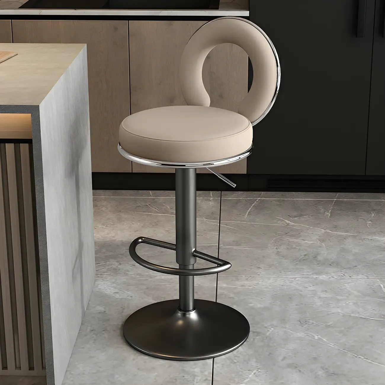 Glam Metal Round Adjustable Bar Stools with Cushions for Kitchen Image - 32