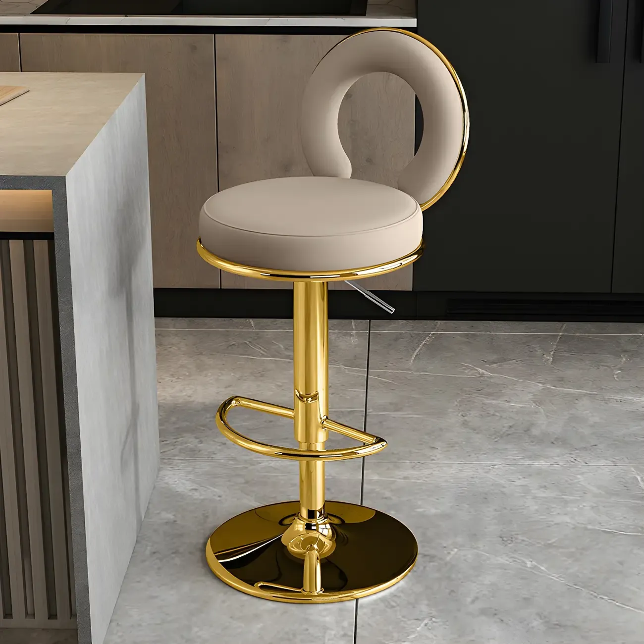 Glam Metal Round Adjustable Bar Stools with Cushions for Kitchen Image - 33