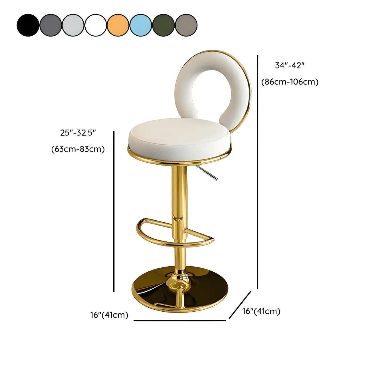 Glam Metal Round Adjustable Bar Stools with Cushions for Kitchen Image - 36