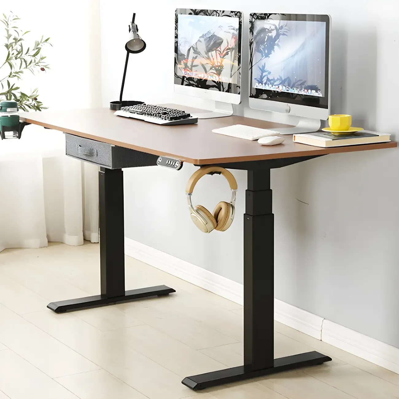 Elegant Solid Wood Height-Adjustable Standing Desk with Storage Image - 1