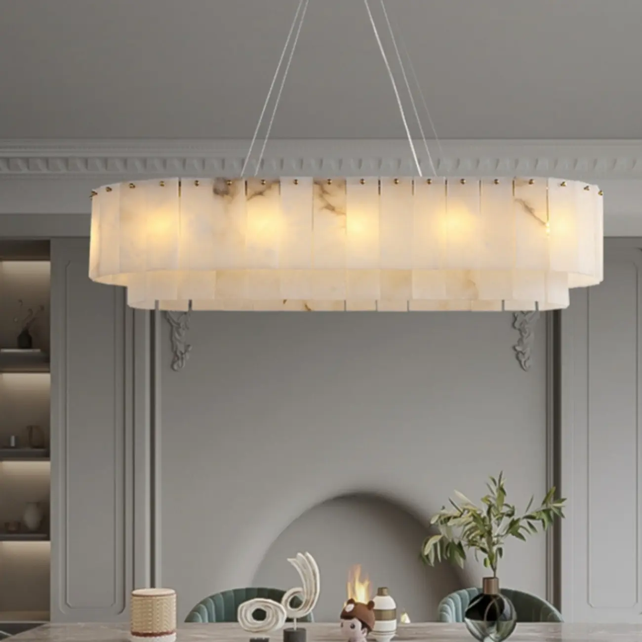 Modern White Alabaster Brass Long Oval Pendant Island Lights Image - 1 | homeyfad