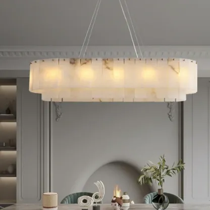 Modern White Alabaster Brass Long Oval Pendant Island Lights Image - 1