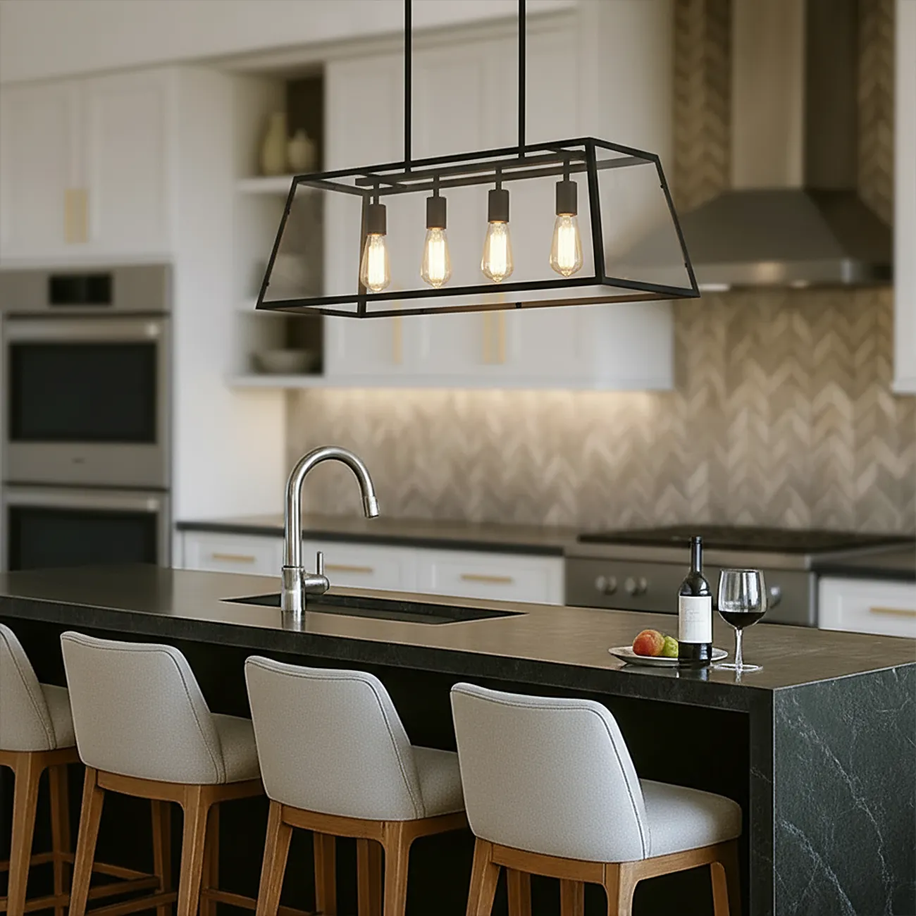 Industrial Gold Rectangle Adjustable Kitchen Island Light Image - 2