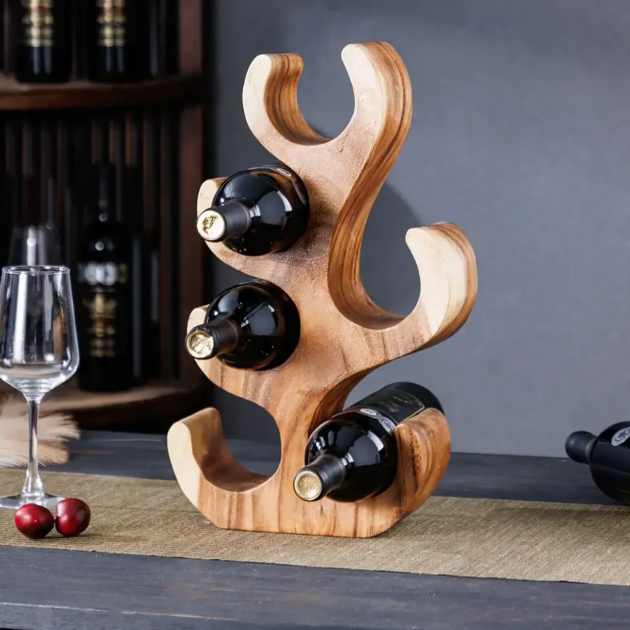 Solid Wood Tree Design Handcraftd Wine Rack Table Top Image - 3