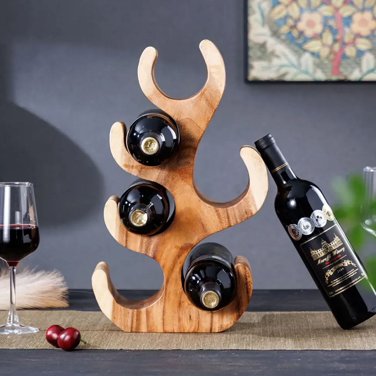 Solid Wood Tree Design Handcraftd Wine Rack Table Top Image - 1 | homeyfad