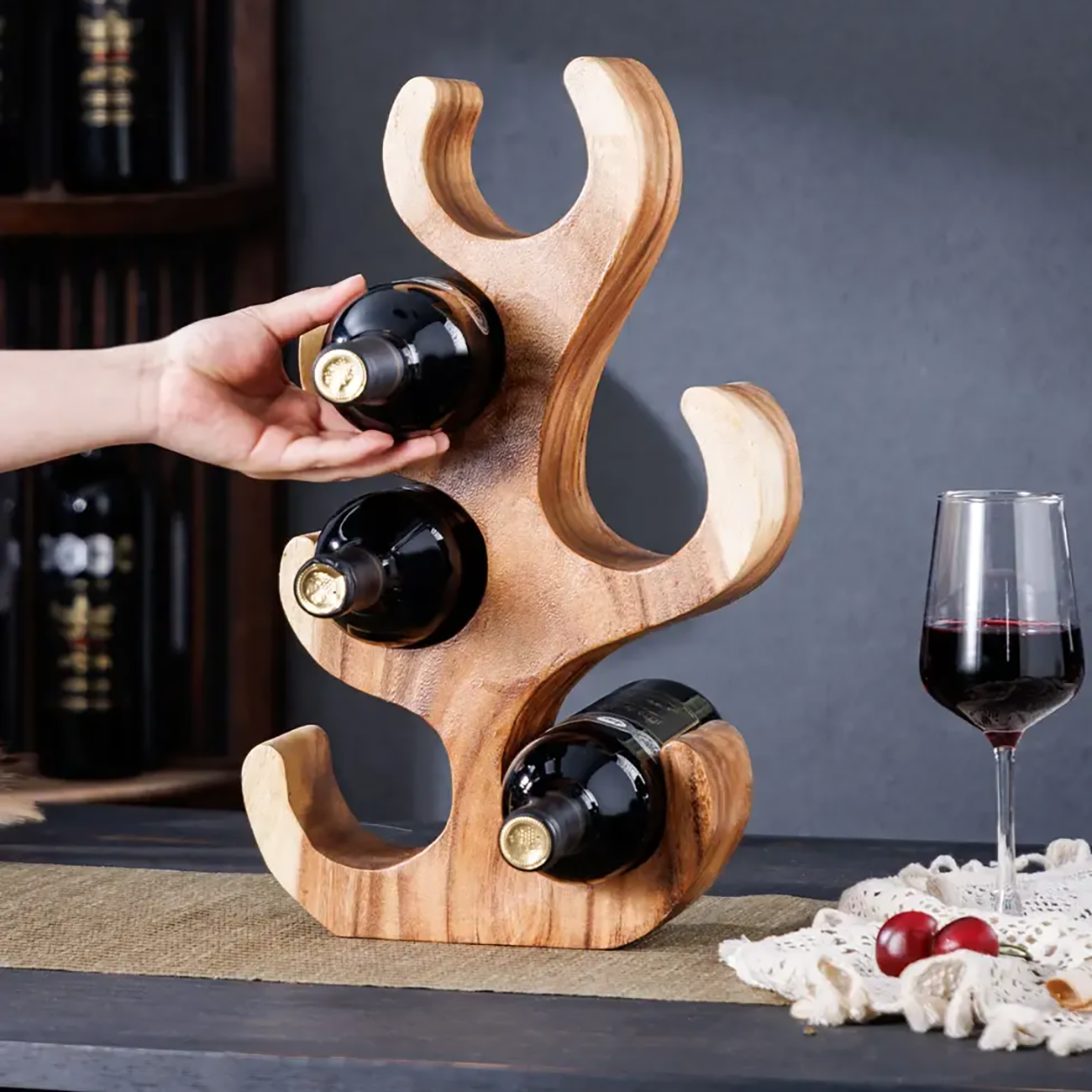 Solid Wood Tree Design Handcraftd Wine Rack Table Top Image - 2 | homeyfad