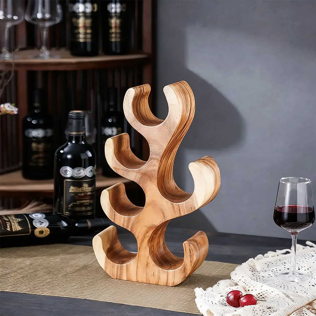 Solid Wood Tree Design Handcraftd Wine Rack Table Top Image - 5 | homeyfad