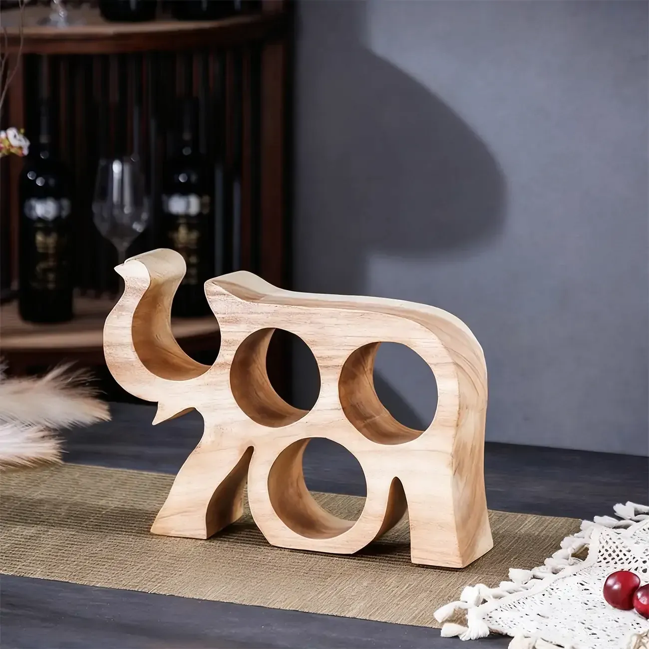 Solid Wood Tree Design Handcraftd Wine Rack Table Top Image - 4