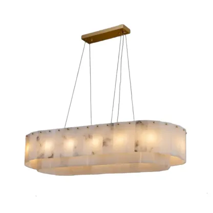 Modern White Alabaster Brass Long Oval Pendant Island Lights Image - 2