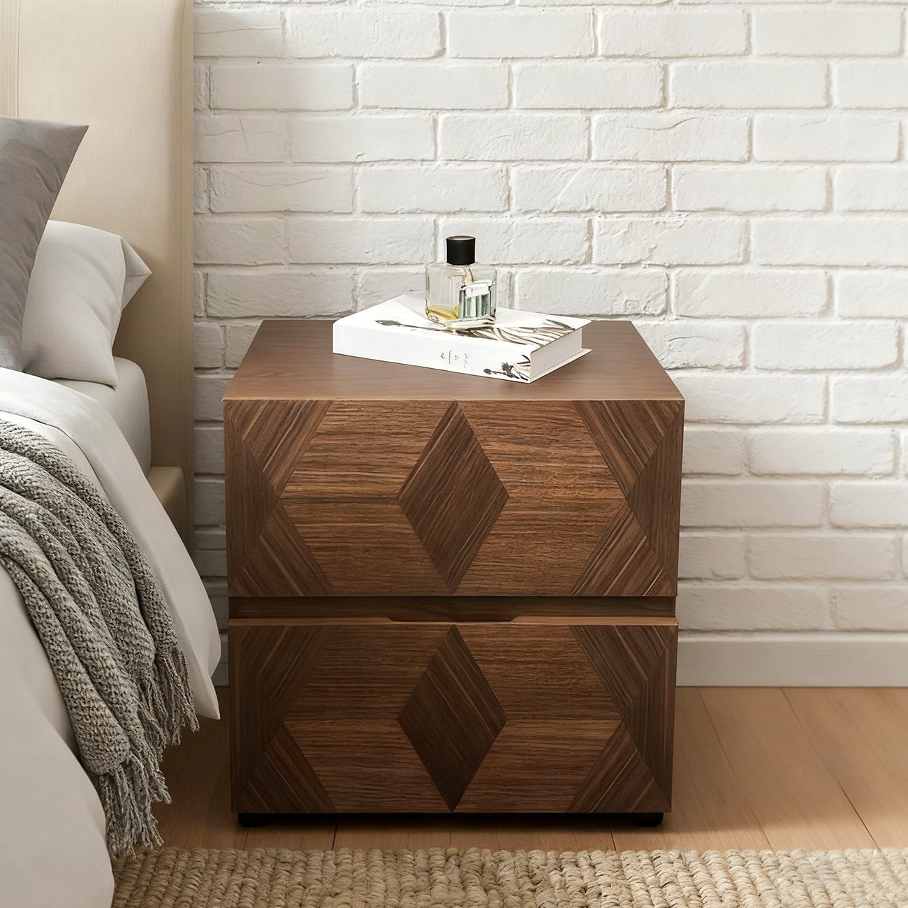 Elegant Nut Brown Narrow 2-drawer Wood Nightstand Image - 1 | homeyfad