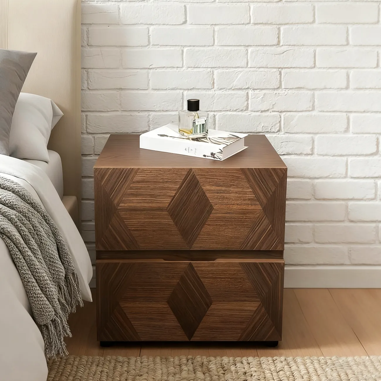 Elegant Nut Brown Narrow 2-drawer Wood Nightstand Image - 1