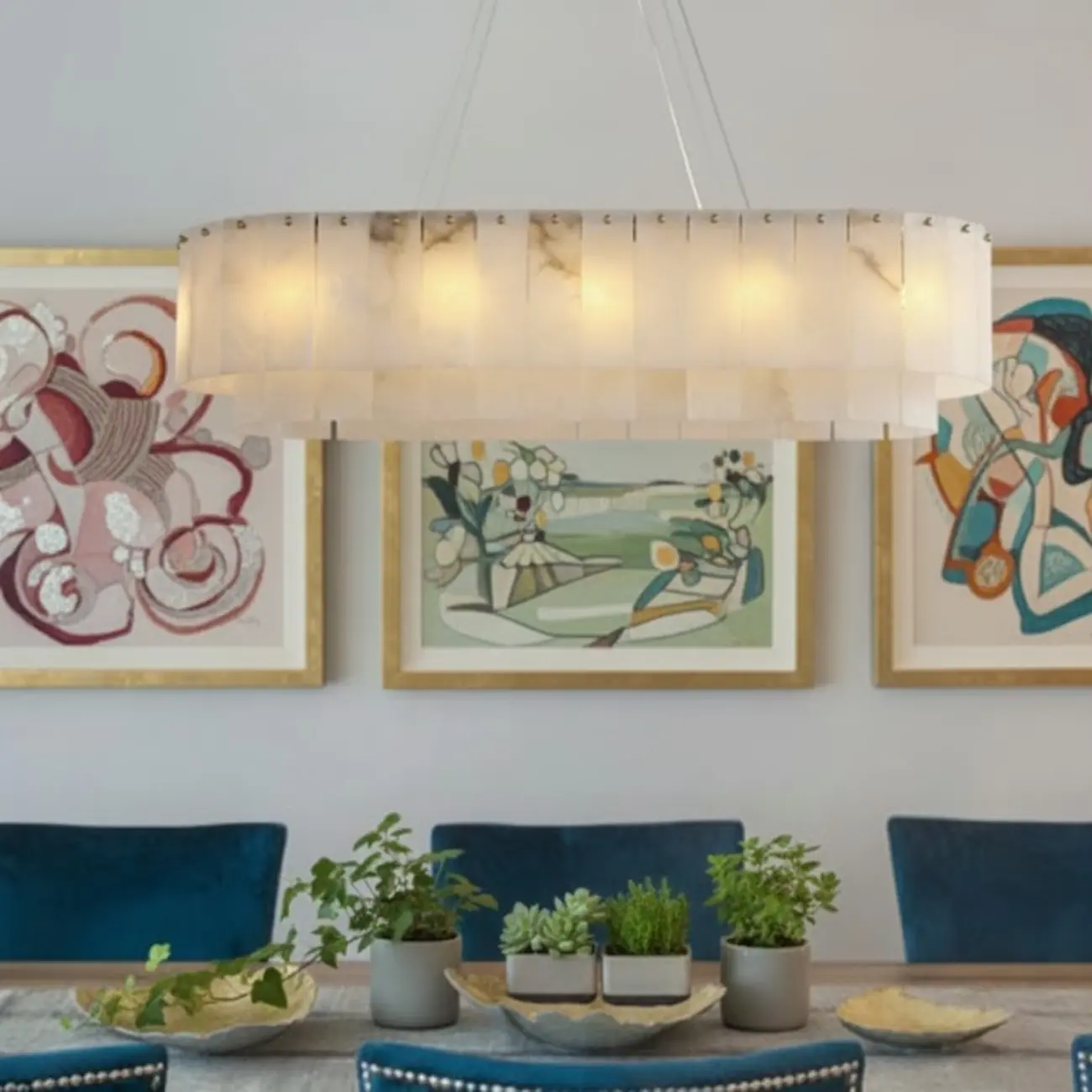 Modern White Alabaster Brass Long Oval Pendant Island Lights Image - 3 | homeyfad