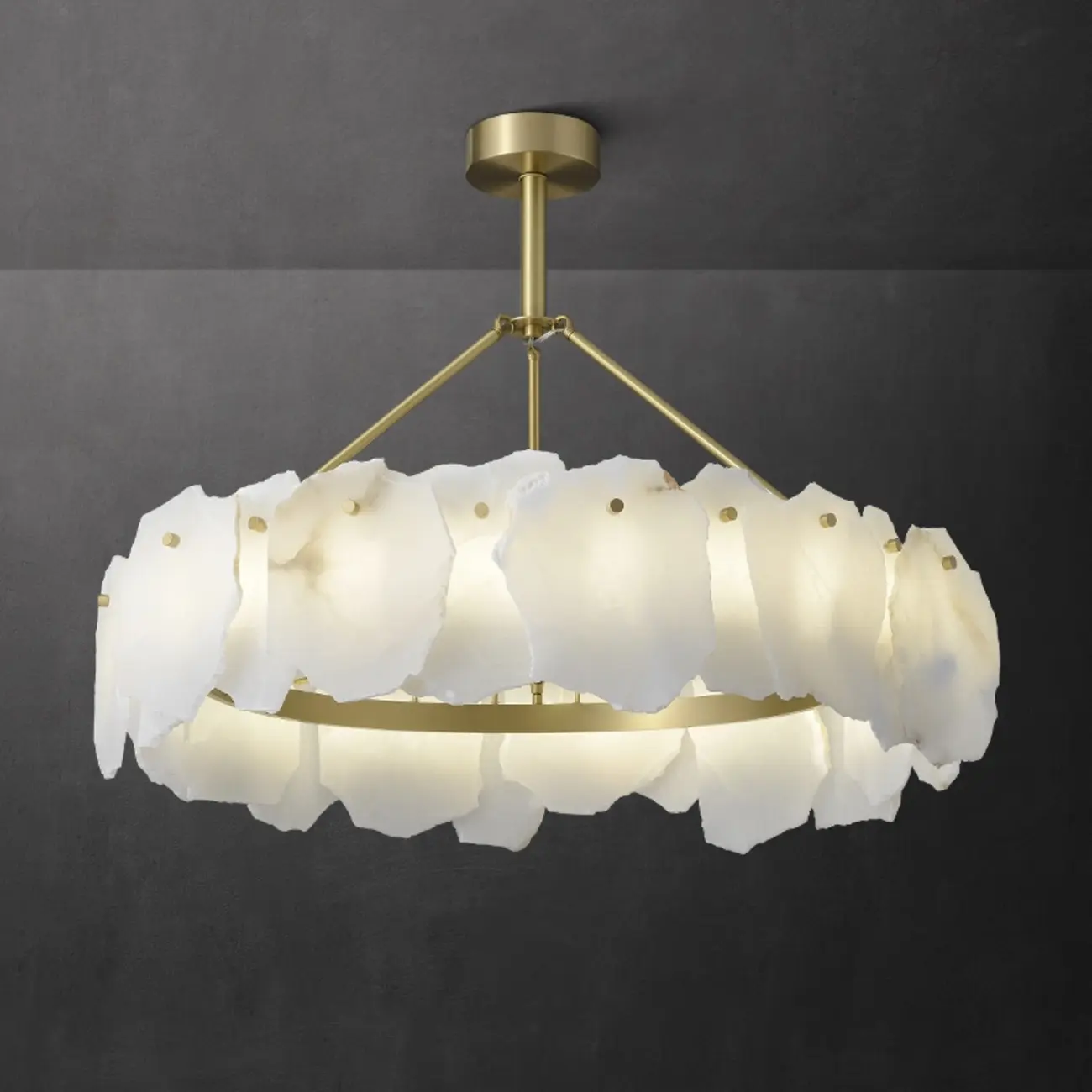 Modern Brass Downrod Circular White Alabaster Chandelier Image - 1 | homeyfad