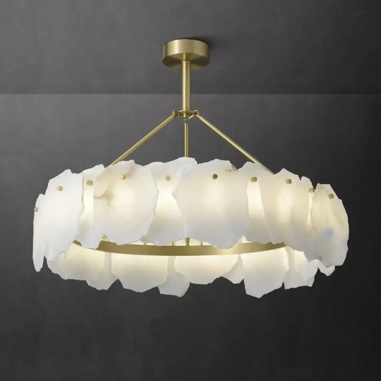 Modern Brass Downrod Circular White Alabaster Chandelier Image - 1