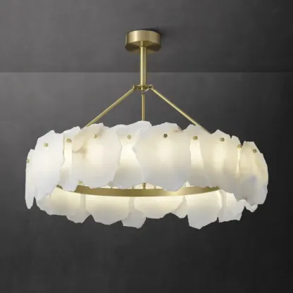 Modern Brass Downrod Circular White Alabaster Chandelier Image - 1