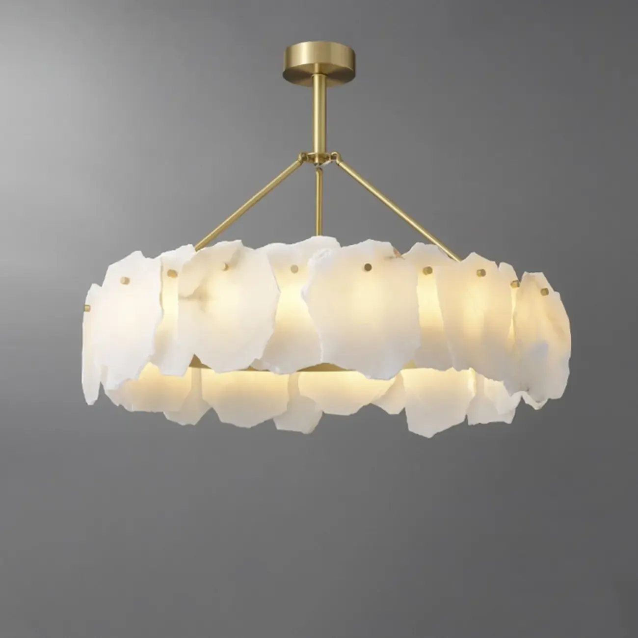 Modern Brass Downrod Circular White Alabaster Chandelier Image - 2