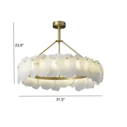 Modern Brass Downrod Circular White Alabaster Chandelier Image - 7