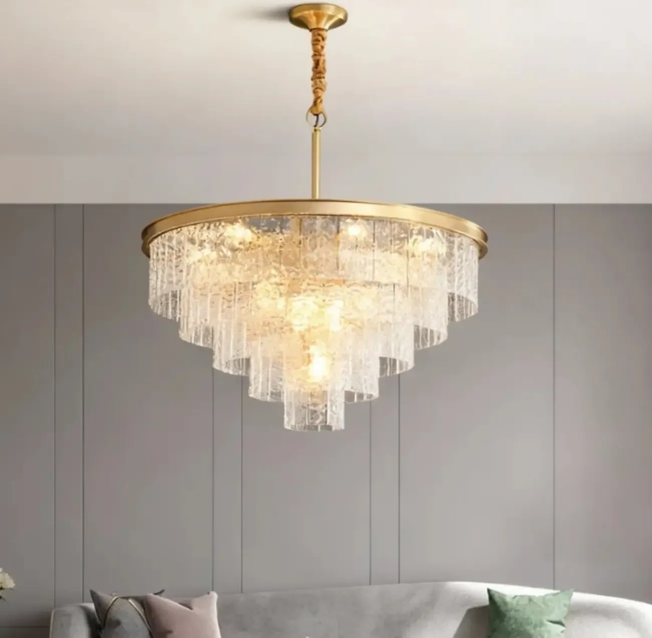 Modern Luxury Brass Downrod Tierd Glass Chandelier Image - 2