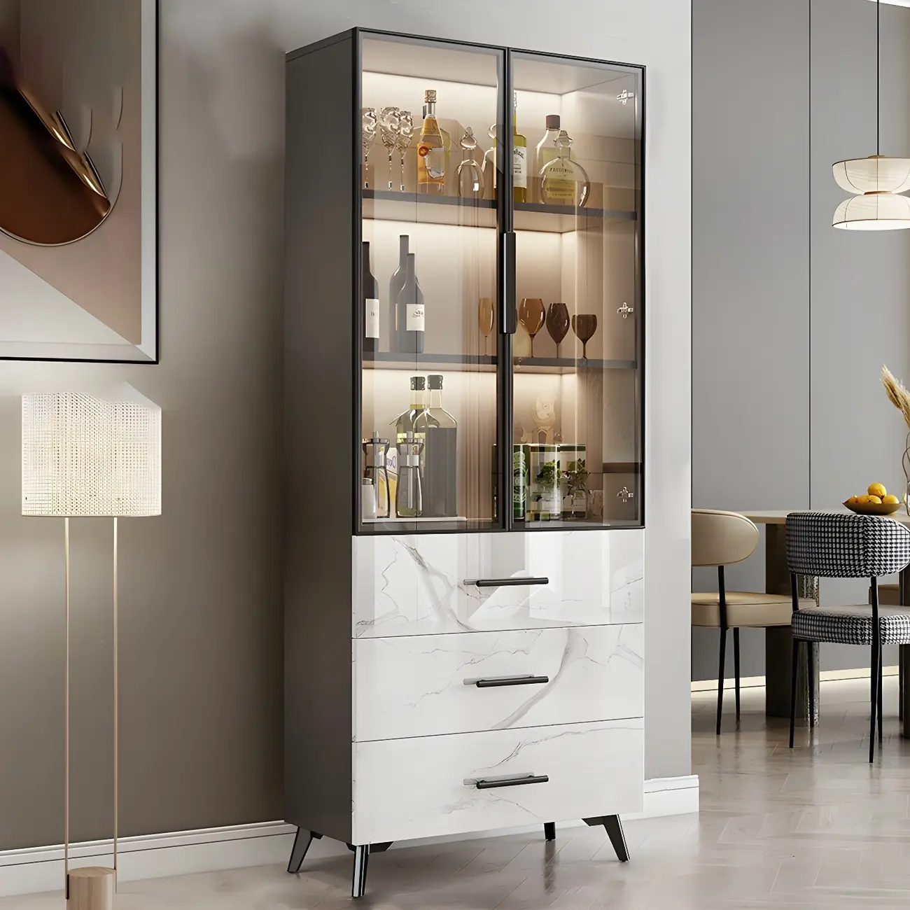 Modern Gold White Marble-Textured Wood Glass Versatile Cabinet Image - 4 | homeyfad