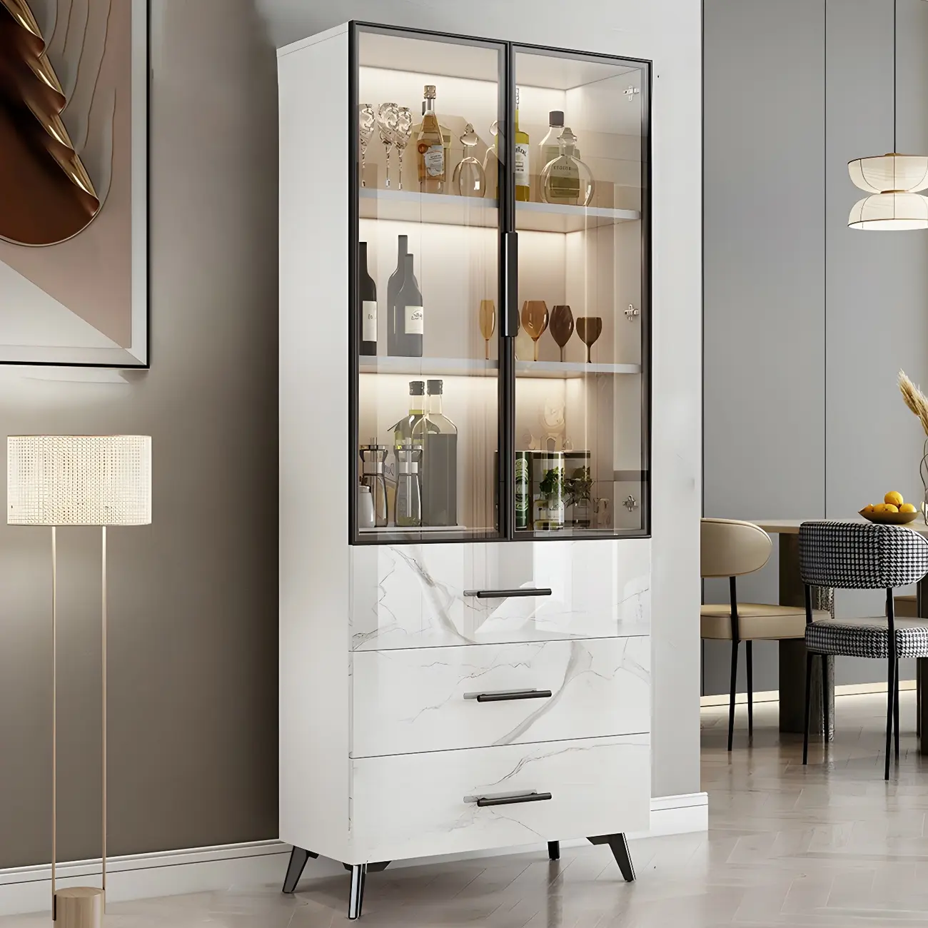 Modern Gold White Marble-Textured Wood Glass Versatile Cabinet Image - 7 | homeyfad