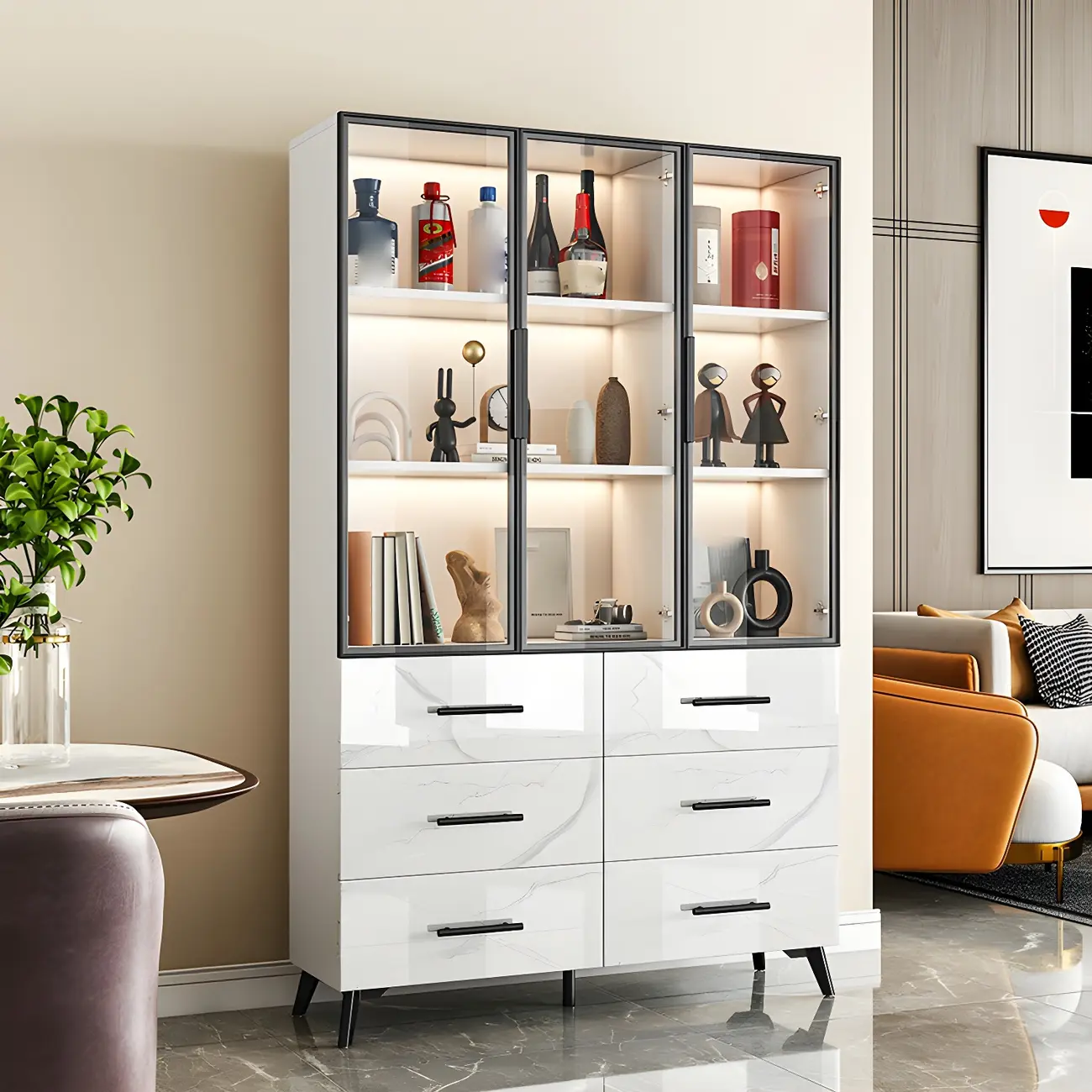 Modern Gold White Marble-Textured Wood Glass Versatile Cabinet Image - 13 | homeyfad