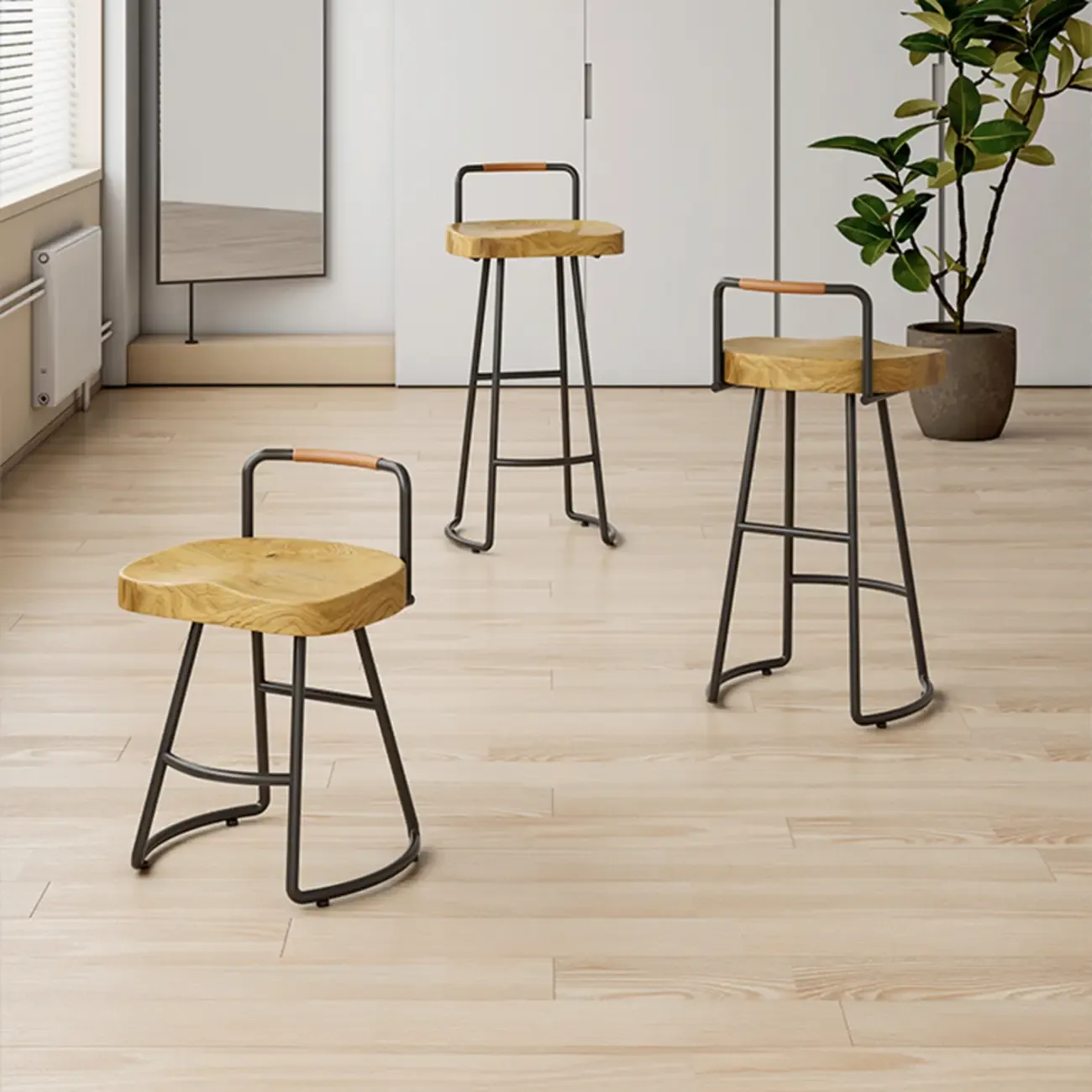 Modern Nordic Solid Wood Bar Stool Set of 2 Image - 2