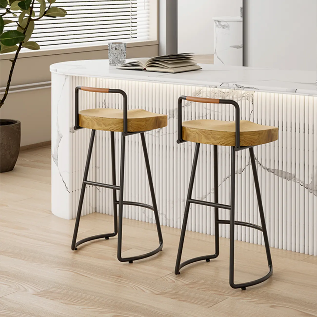 Modern Nordic Solid Wood Bar Stool Set of 2 Image - 21 | homeyfad