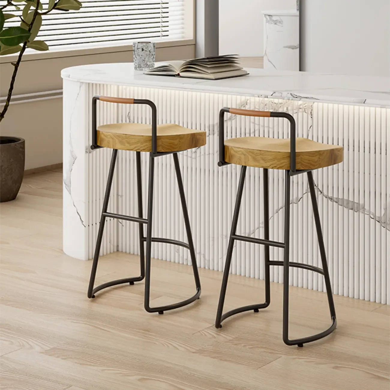 Modern Nordic Solid Wood Bar Stool Set of 2 Image - 1