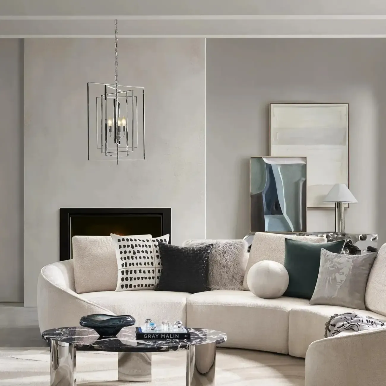 Modern Silver Rectangular Metal Cage Chandelier Image - 3