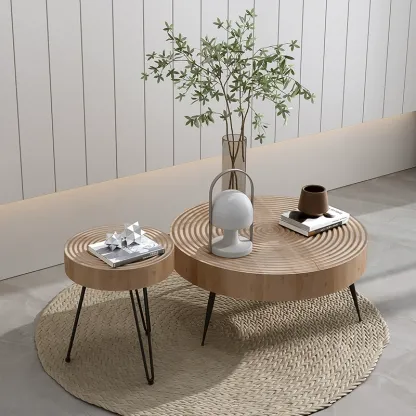 4 Legs Scandinavian Round Coffee Table with Wood Texture Image - 2