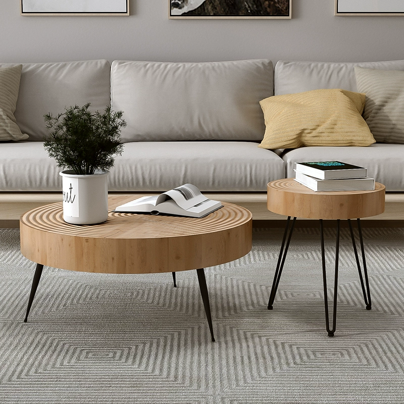 4 Legs Scandinavian Round Coffee Table with Wood Texture Image - 3 | homeyfad
