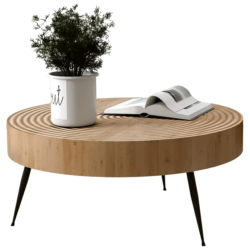 4 Legs Scandinavian Round Coffee Table with Wood Texture Image - 5