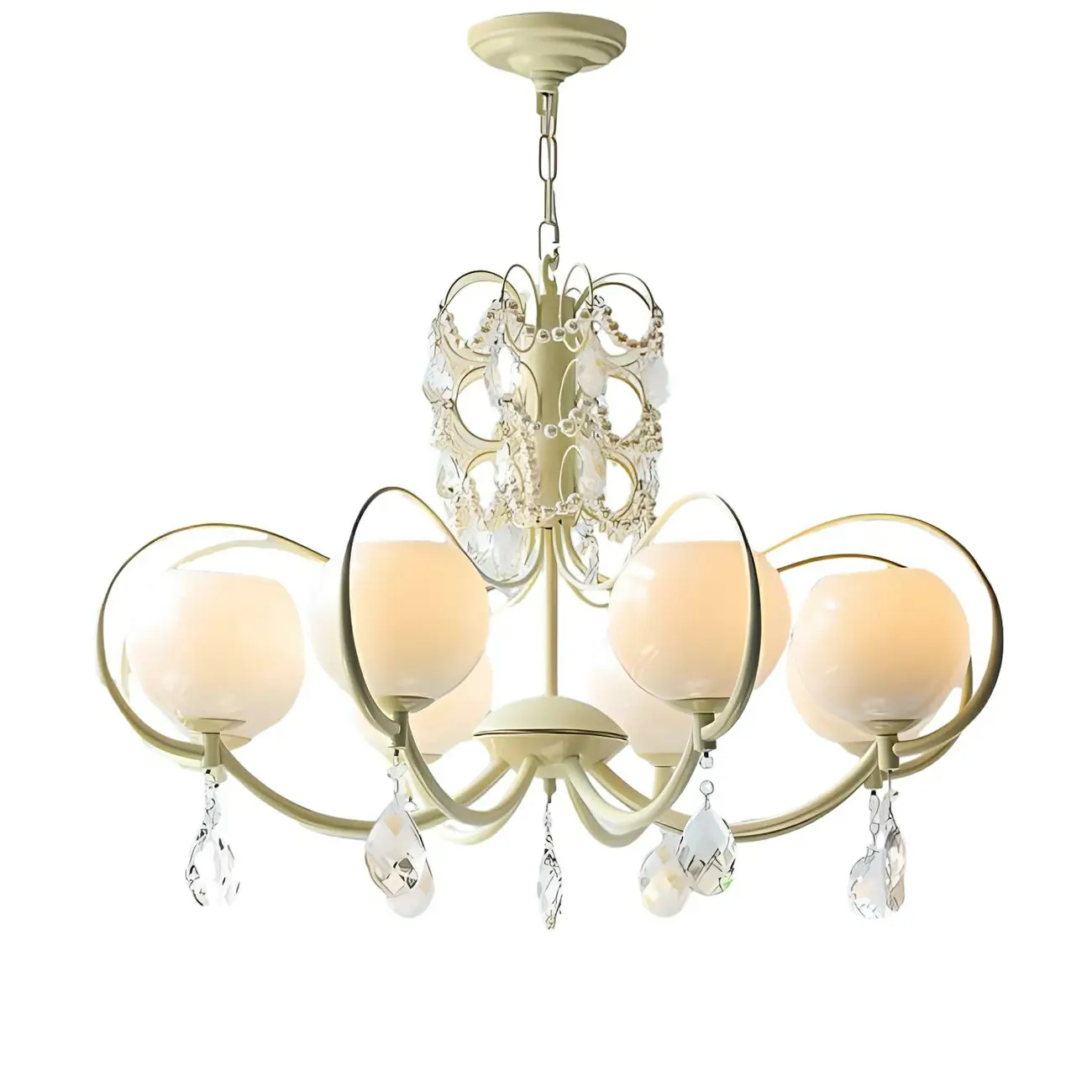 Vintage White Glass Globe Mid-Century Crystal Chandelier Image - 4 | homeyfad