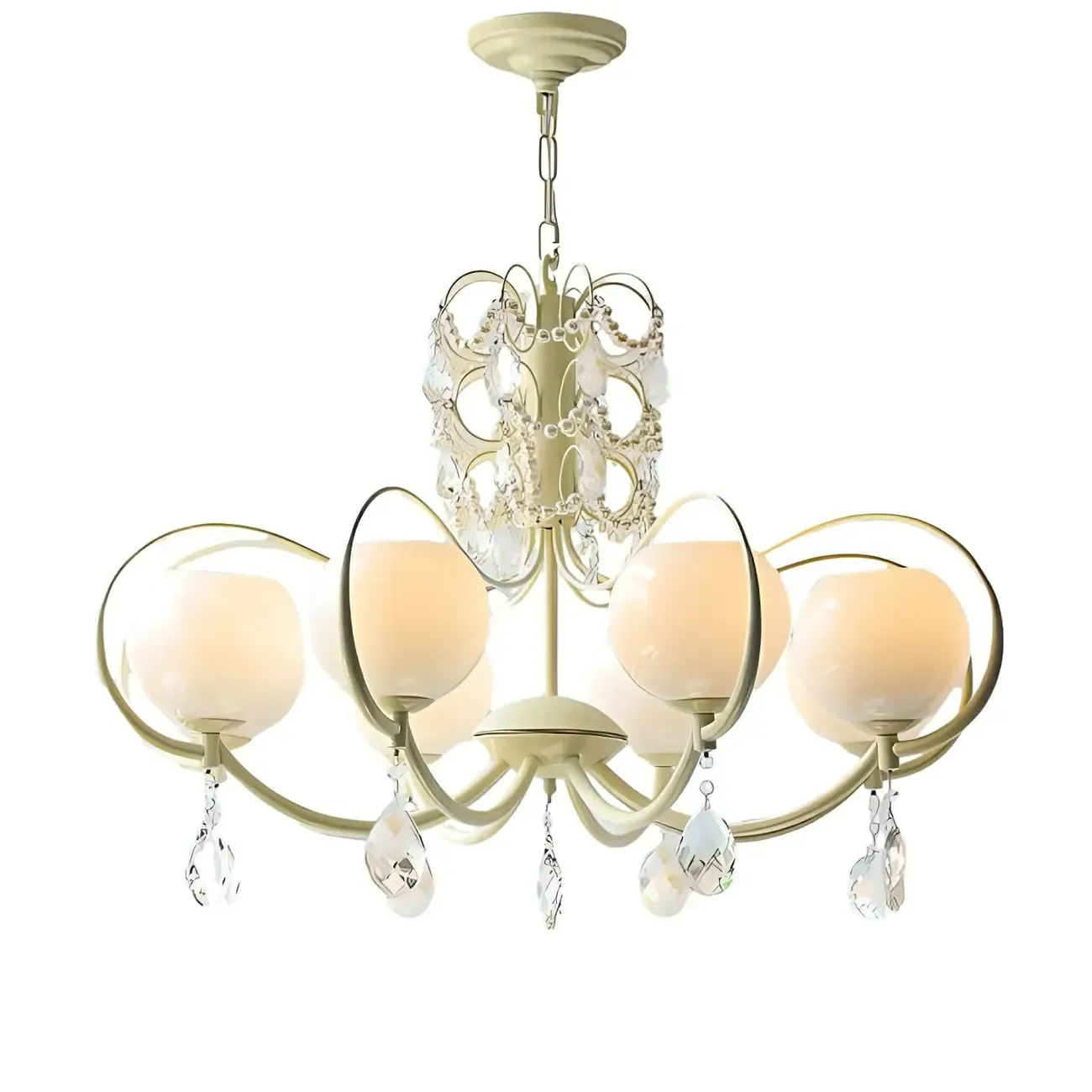 Vintage White Glass Globe Mid-Century Crystal Chandelier Image - 4