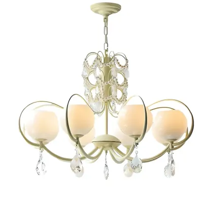 Vintage White Glass Globe Mid-Century Crystal Chandelier Image - 4