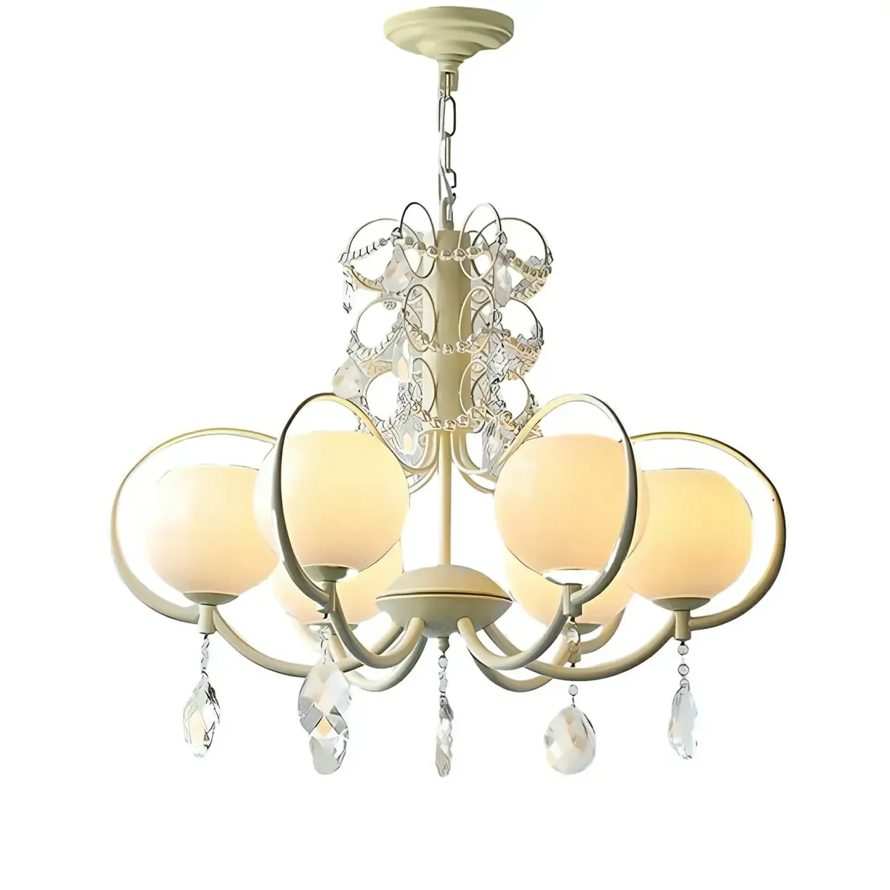 Vintage White Glass Globe Mid-Century Crystal Chandelier Image - 5