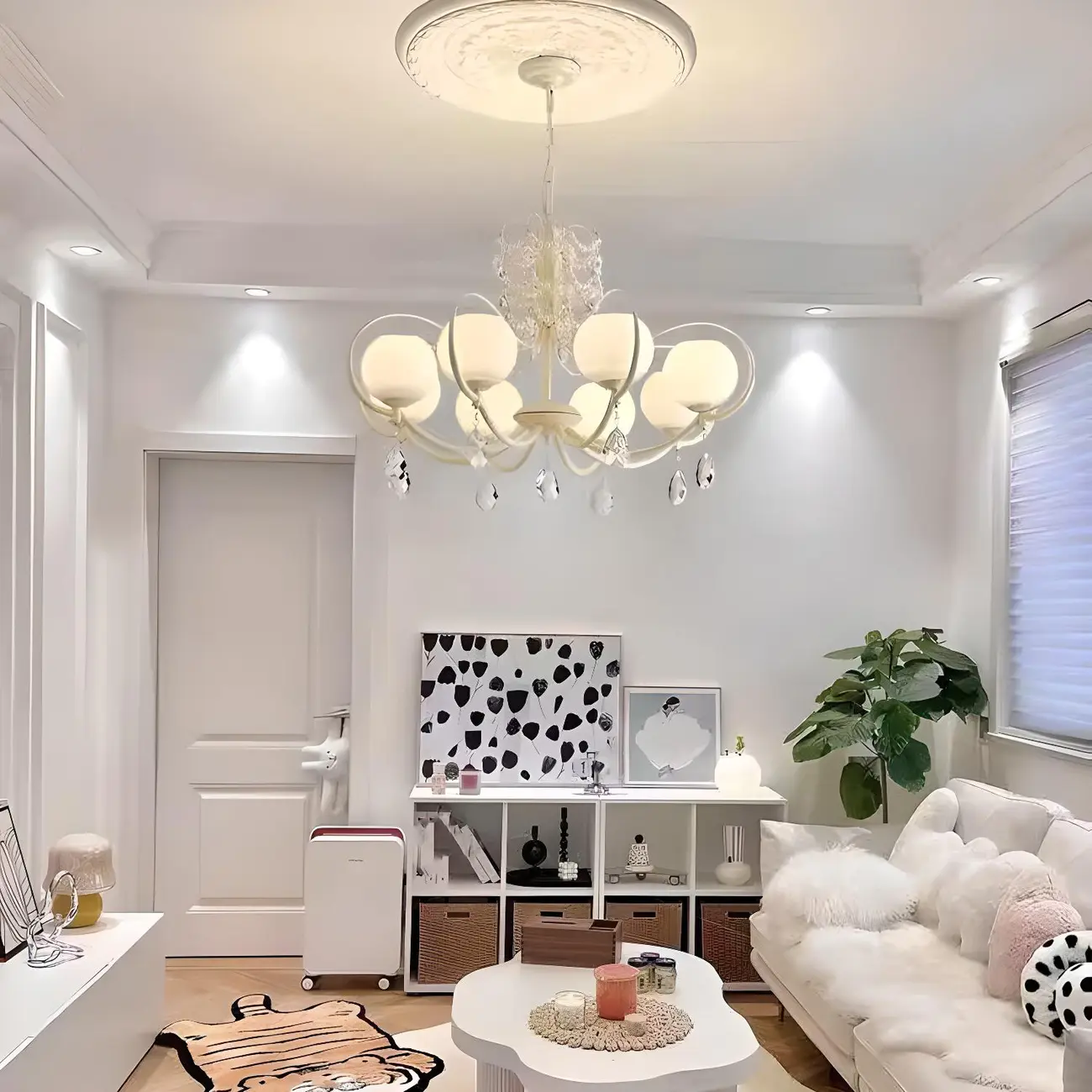 Vintage White Glass Globe Mid-Century Crystal Chandelier Image - 3 | homeyfad