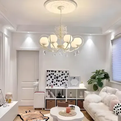 Vintage White Glass Globe Mid-Century Crystal Chandelier Image - 3