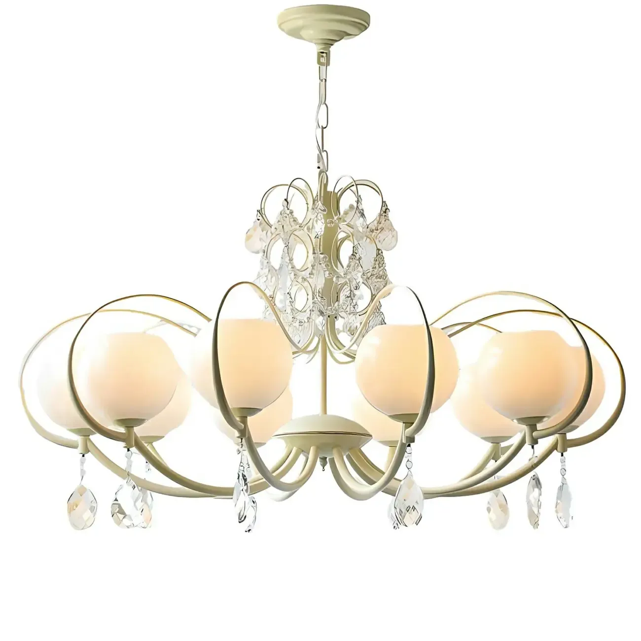 Vintage White Glass Globe Mid-Century Crystal Chandelier Image - 6