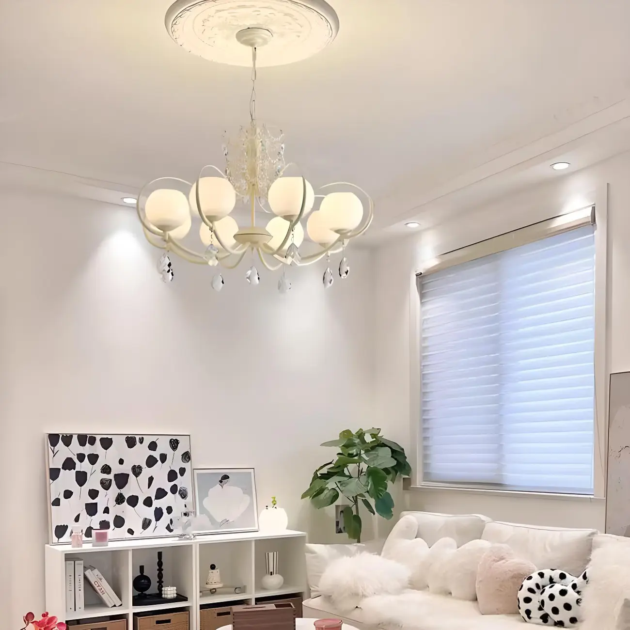 Vintage White Glass Globe Mid-Century Crystal Chandelier Image - 1 | homeyfad