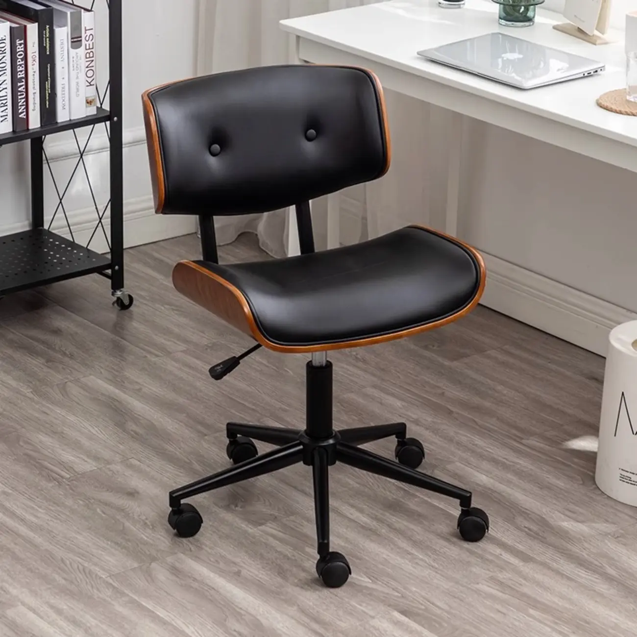 Light Luxury Walnut Black Leather Upholstered Adjustable Swivel Office Chair Image - 1 | homeyfad