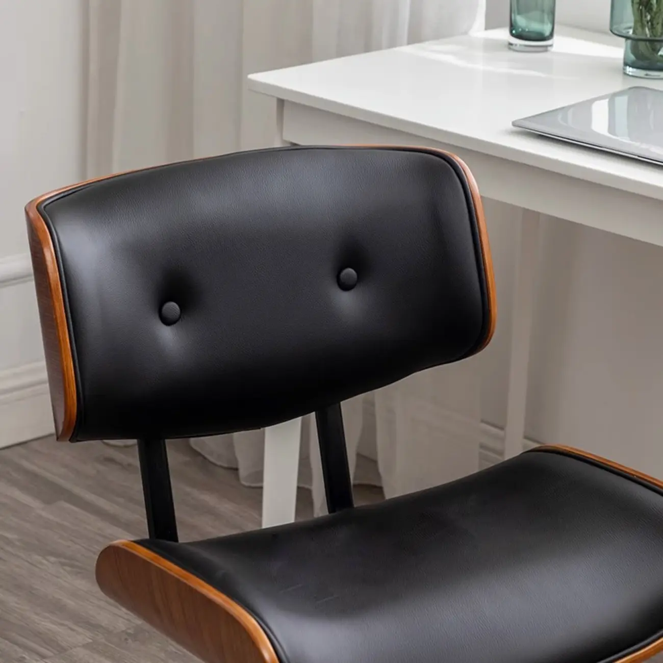 Light Luxury Walnut Black Leather Upholstered Adjustable Swivel Office Chair Image - 4 | homeyfad