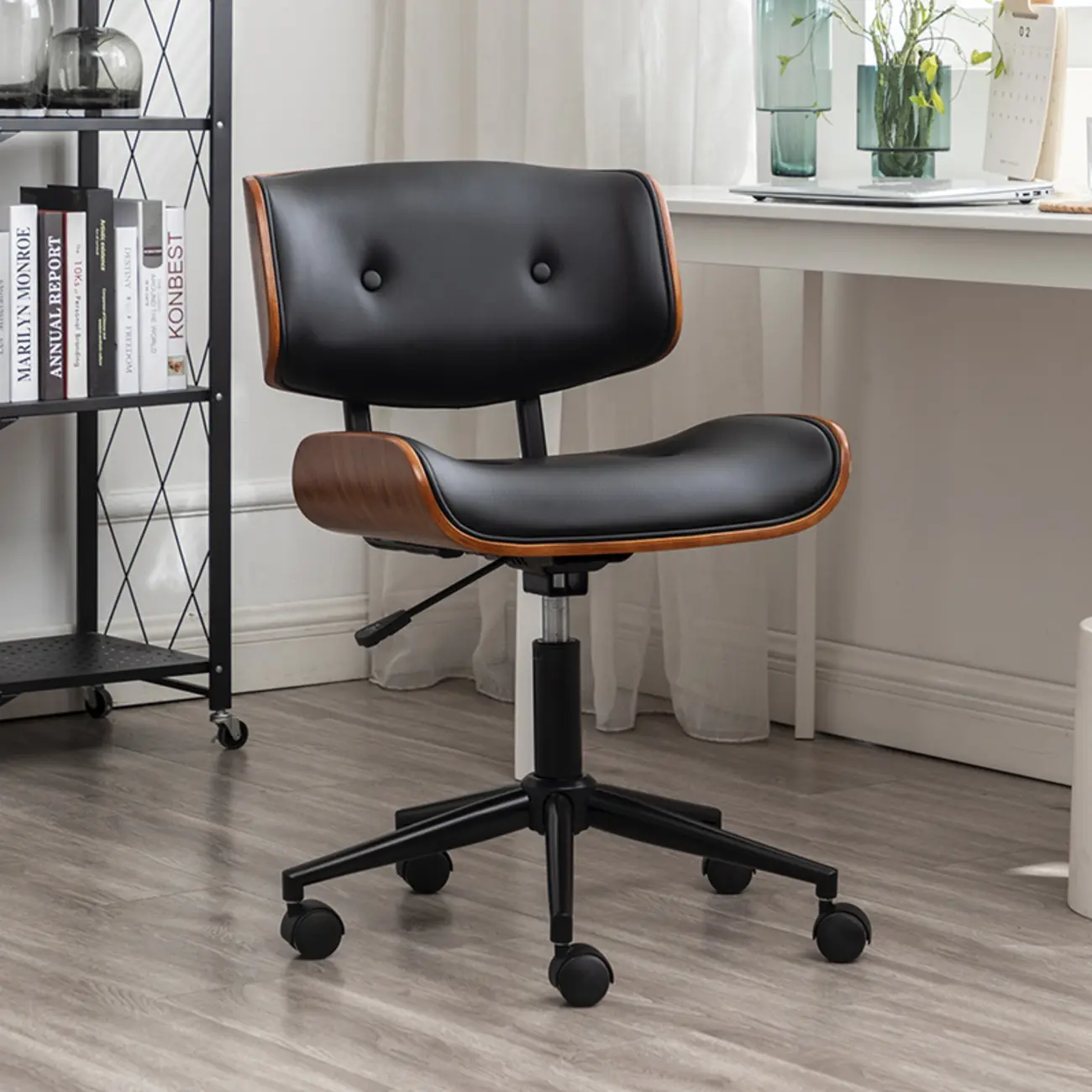 Light Luxury Walnut Black Leather Upholstered Adjustable Swivel Office Chair Image - 6 | homeyfad
