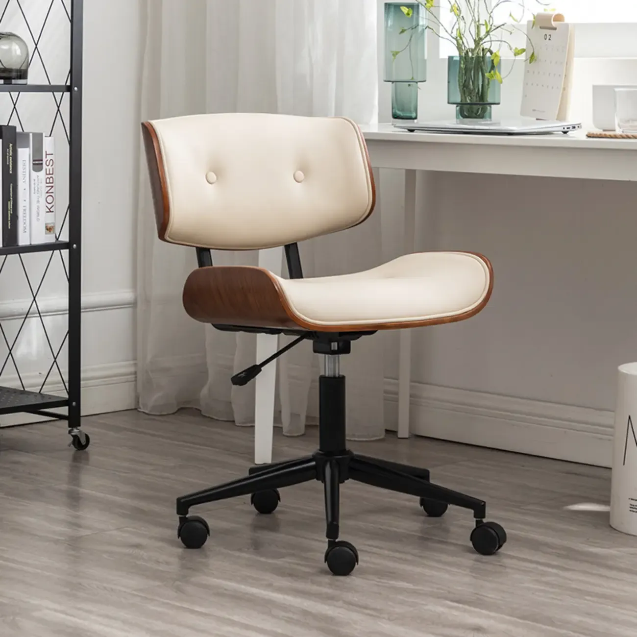 Light Luxury Walnut Black Leather Upholstered Adjustable Swivel Office Chair Image - 7